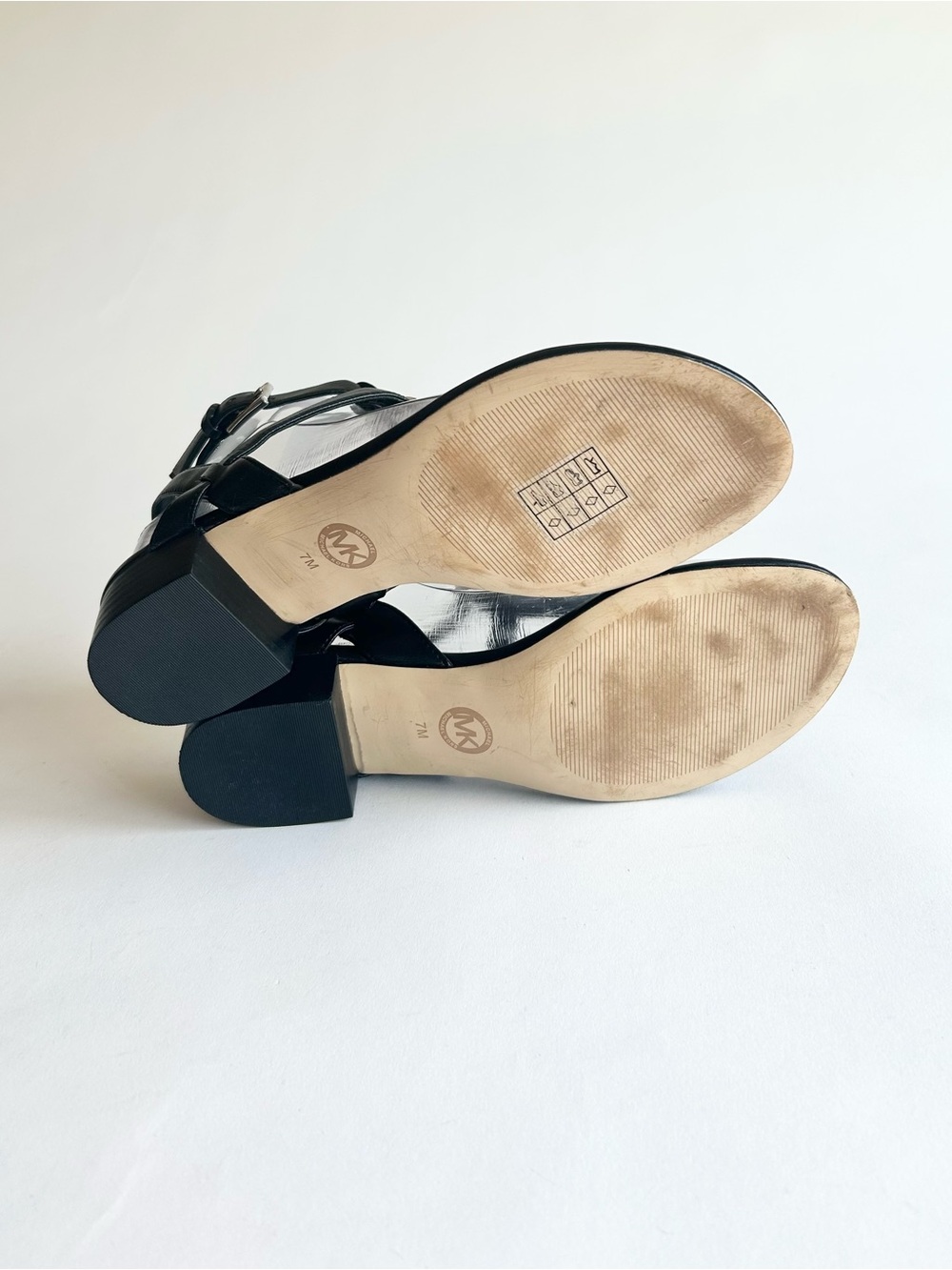 Michael Kors Black Leather Ankle Strap Silver Metal Logo Sandals size 7 - Picture 8 of 16